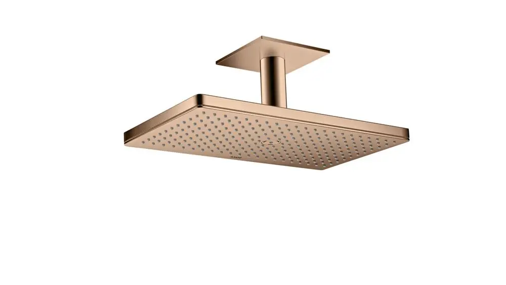 Kopfbrause von AXOR mit dezentralem Deckenanschluss aus poliertem Rotgold, quadratischem Design und Düsenmuster für gezielte Wasserverteilung.
